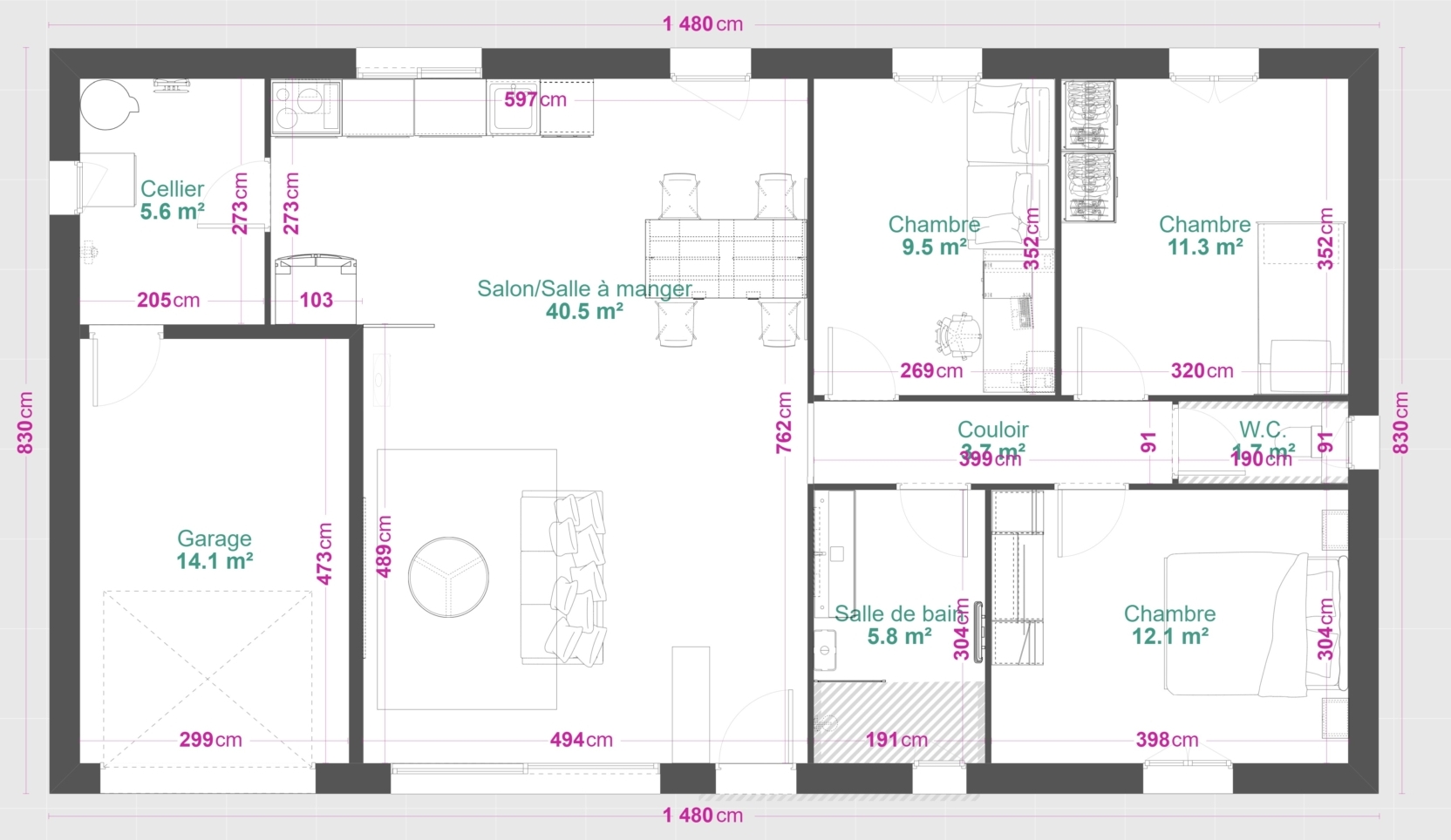 Plan RDC coté — 86 m² — Kozi Kaza
